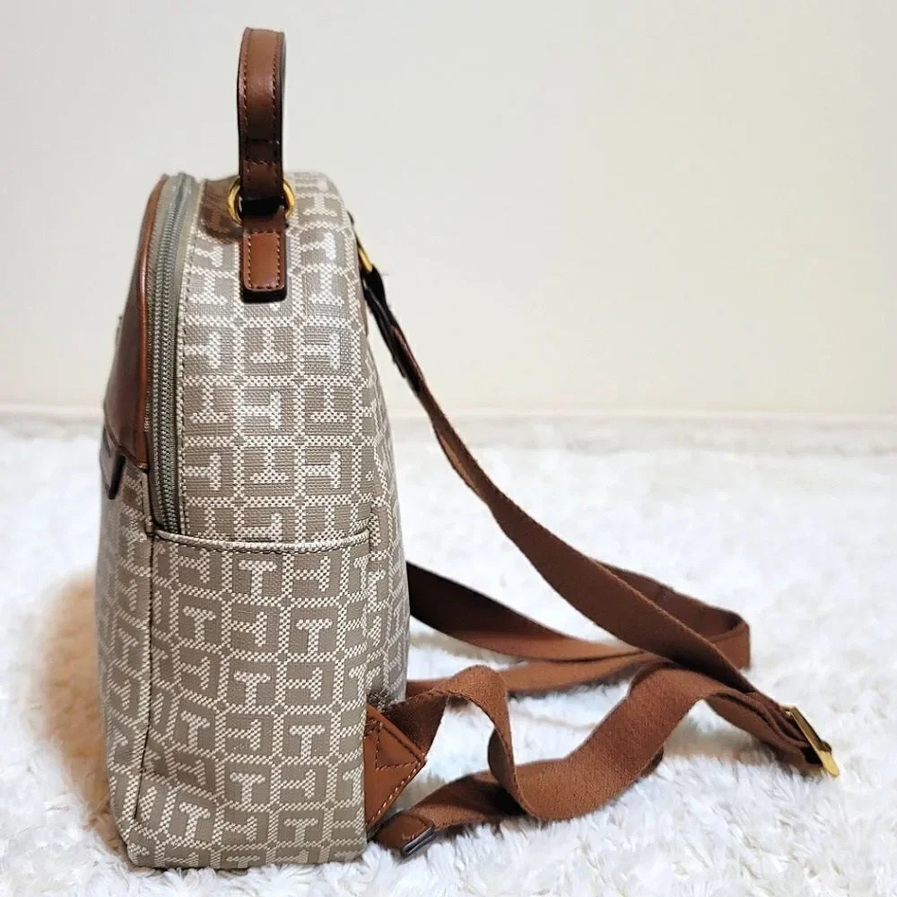 Tommy Hilfiger Tan Printed Noe Beige Bucket Faux Leather Bag Mini Backpack